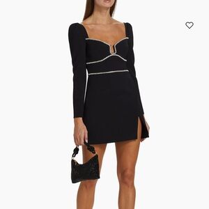 Self-Portrait Black Long-Sleeve Mini Dress with Crystal Trim